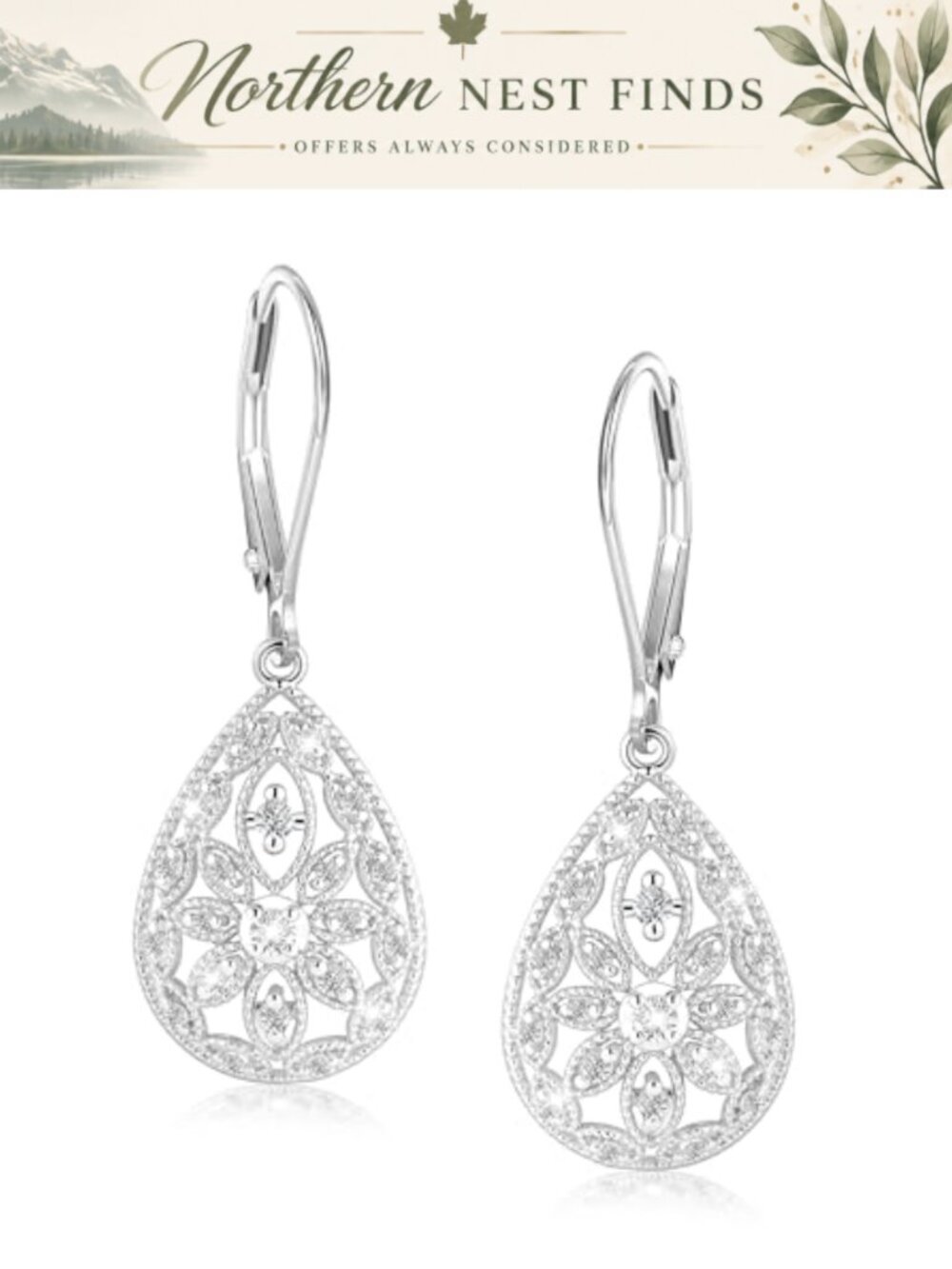 Sterling Silver Teardrop Filigree Dangle Earrings Cubic Zirconia Leverback